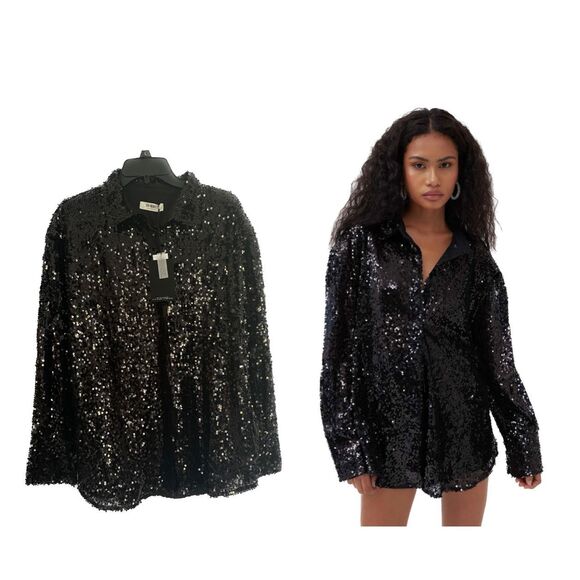 NWT 4th Reckless Black Sequin Oversized Button Up Shirt - Picture 3 of 12